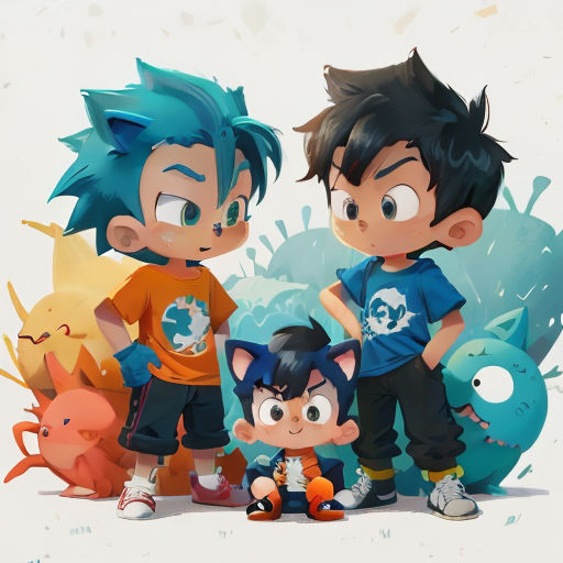 a group of young boys standing next to each other in front of a cartoon background of a plant and a cat