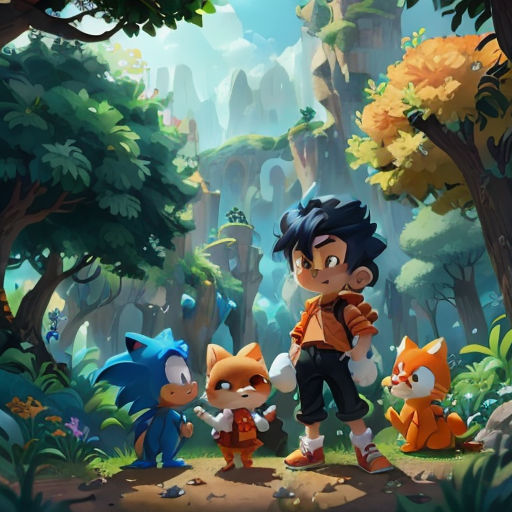 a group of cartoon characters standing in the woods with trees and rocks in the background, with a forest of rocks and trees in the background