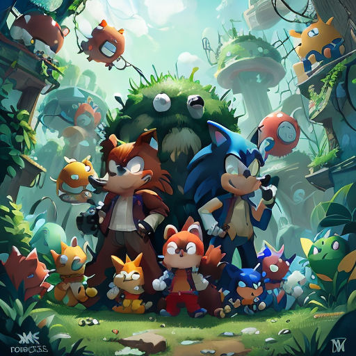 a group of cartoon characters standing in front of a forest with mushrooms and mushrooms on it's sides