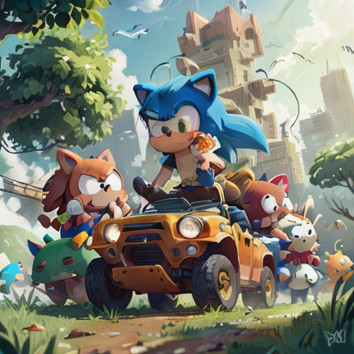 a cartoon character driving a vehicle with many animals on it in the forest with a castle in the background