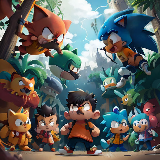 a group of cartoon characters standing in front of a forest of plants and trees with a sky background and clouds