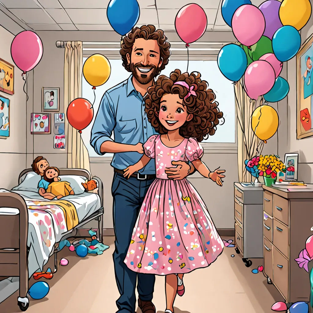a man and a little girl in a room with balloons and a bed with a teddy bear on it, a storybook illustration, comic cover art, serial art, Bob Ross