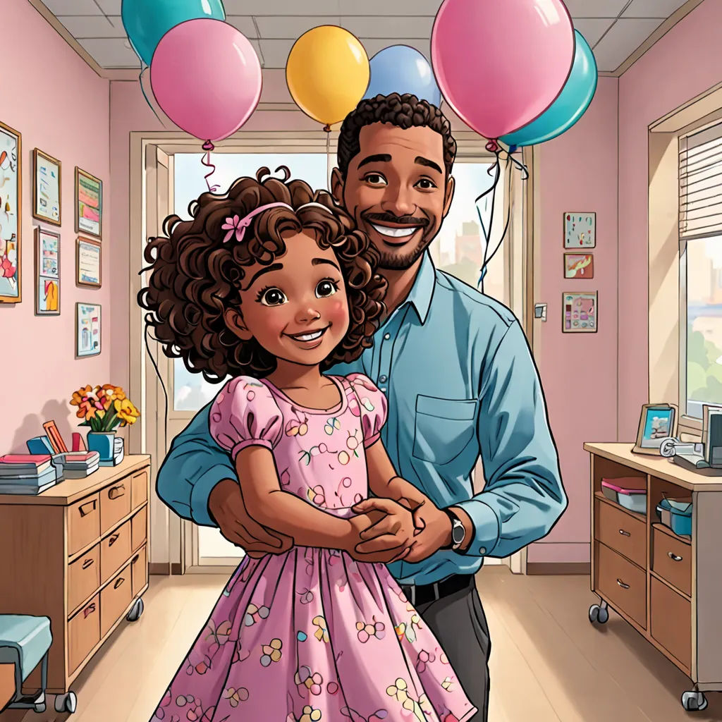 a man and a little girl are standing in a room with balloons on the ceiling and a desk with a computer, a storybook illustration, comic cover art, american scene painting, Dr. Atl