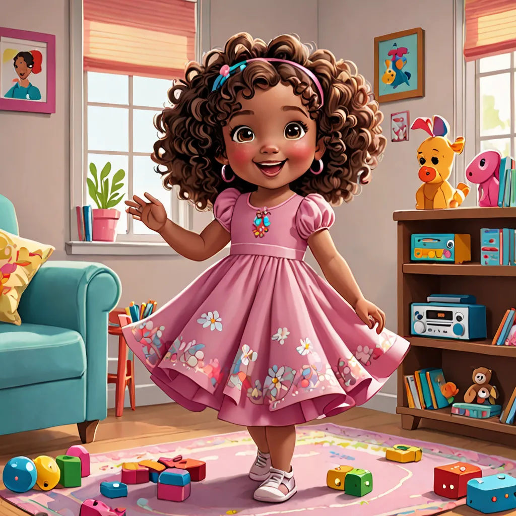a cartoon girl in a pink dress standing in a room with toys and a blue chair in the background, a digital rendering, professional digital painting, photorealism, Chinwe Chukwuogo-Roy
