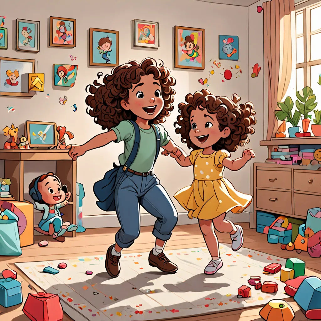 a child and a woman are dancing in a room with toys and a rug on the floor and a wall with pictures on it, a storybook illustration, comic cover art, serial art, Diego Gisbert Llorens