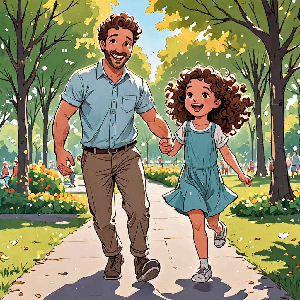 a man and a little girl walking down a path in a park together, holding hands and smiling at the camera, a comic book panel, official art, serial art, Asaf Hanuka