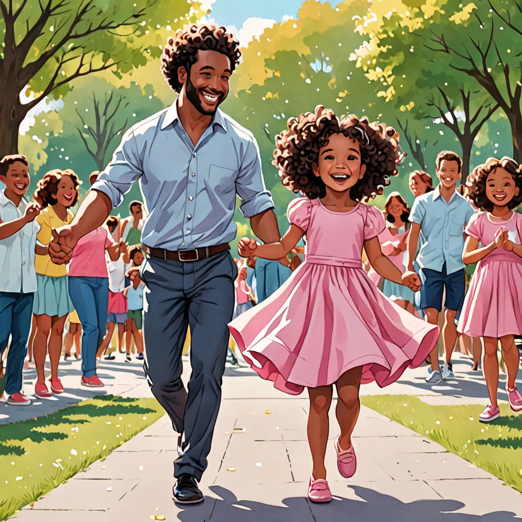 a man and a little girl are walking down a sidewalk with a crowd of people behind them in the background, a storybook illustration, official art, american scene painting, Chris LaBrooy
