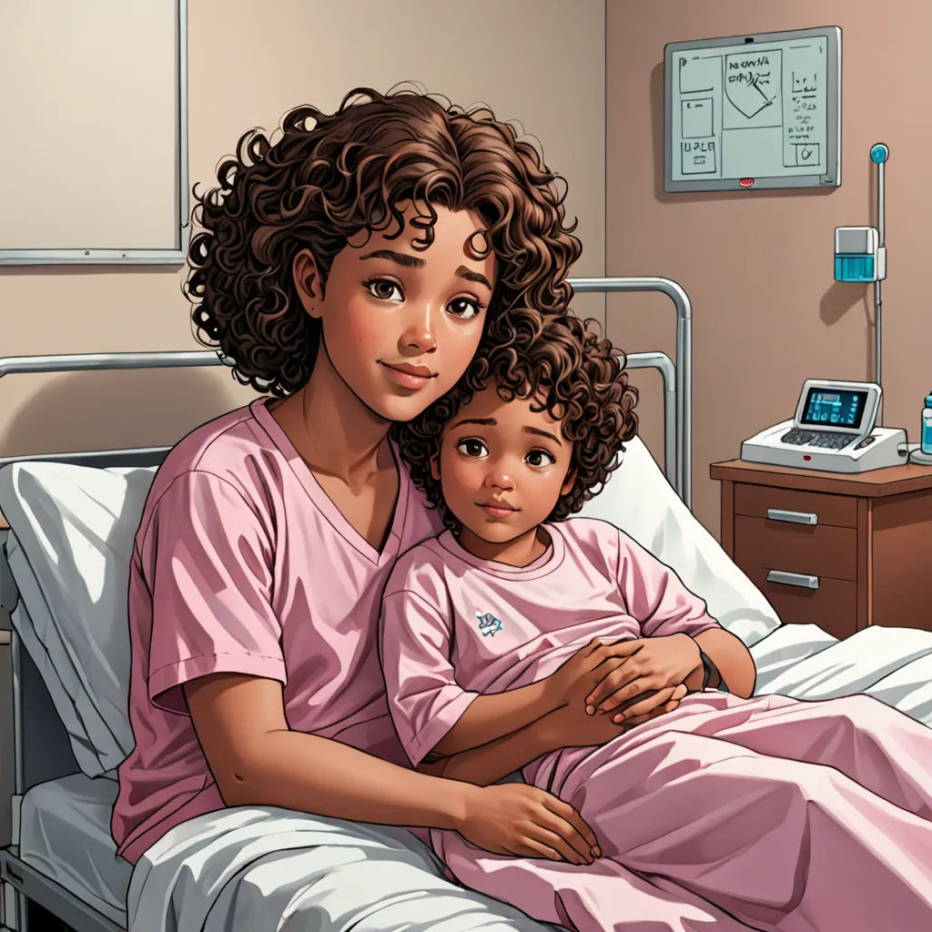 a woman and a child in a hospital bed together, with a laptop on the bedside table in the background, a comic book panel, comic cover art, afrofuturism, Constance Gordon-Cumming