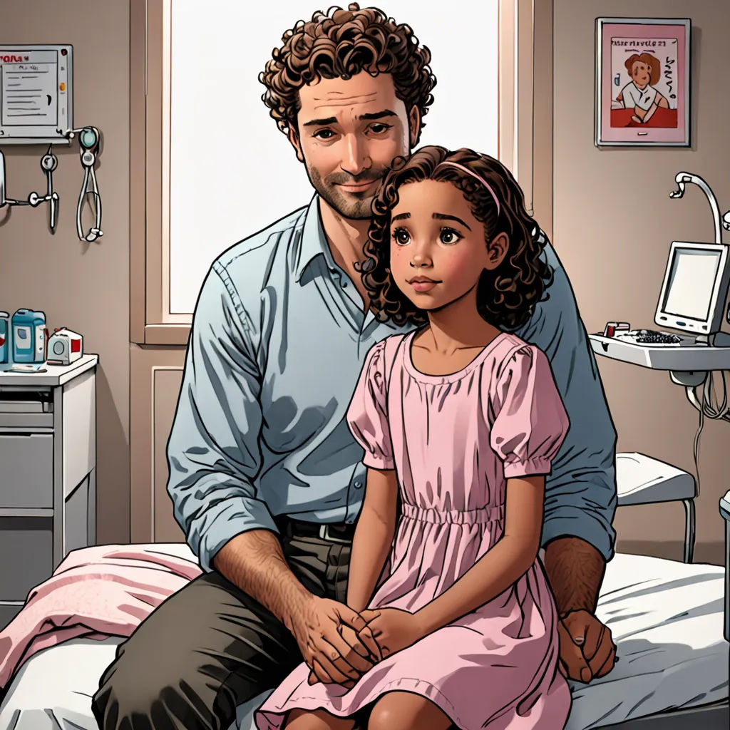 a man and a little girl sitting on a bed in a hospital room with a doctor's office in the background, a comic book panel, comic cover art, american realism, Doc Hammer