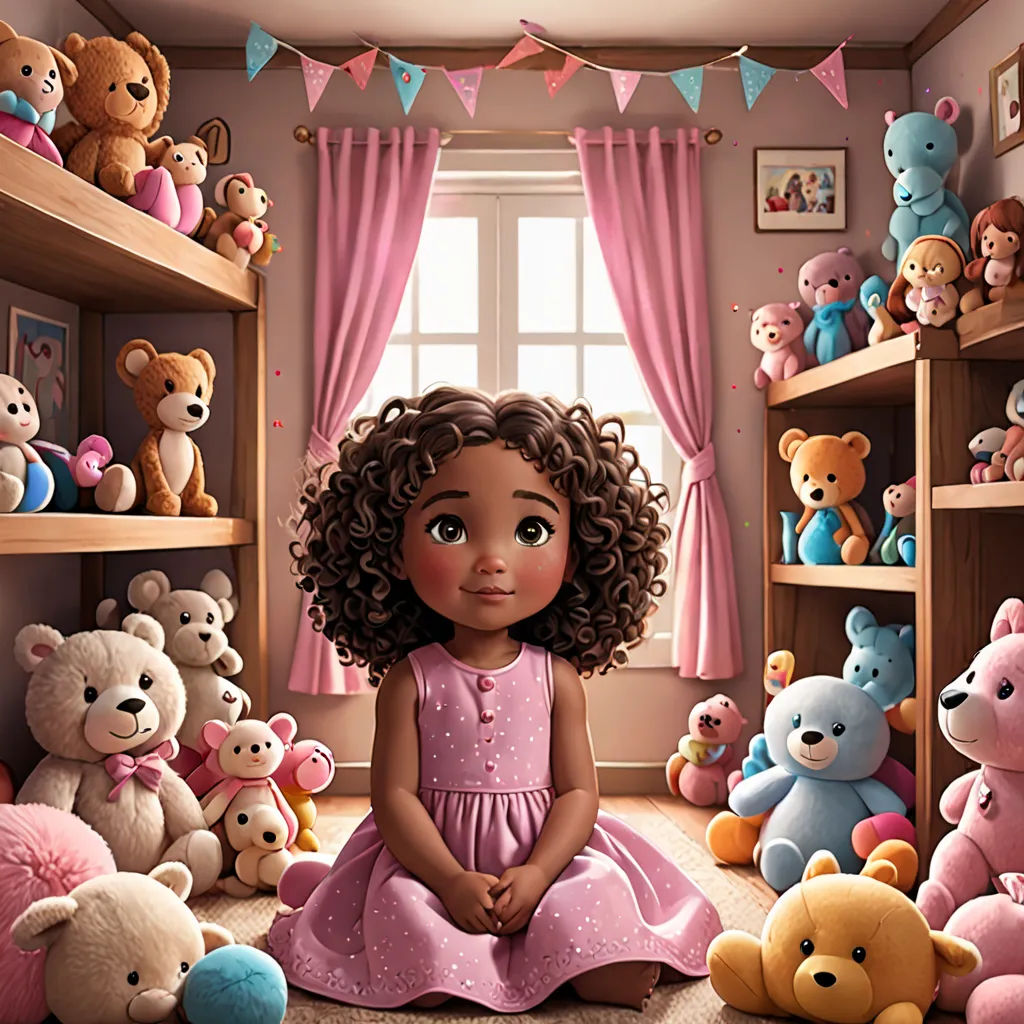 a girl sitting in a room full of teddy bears and other stuffed animals, with a window in the background, a poster, pixar and disney animation, photorealism, disney