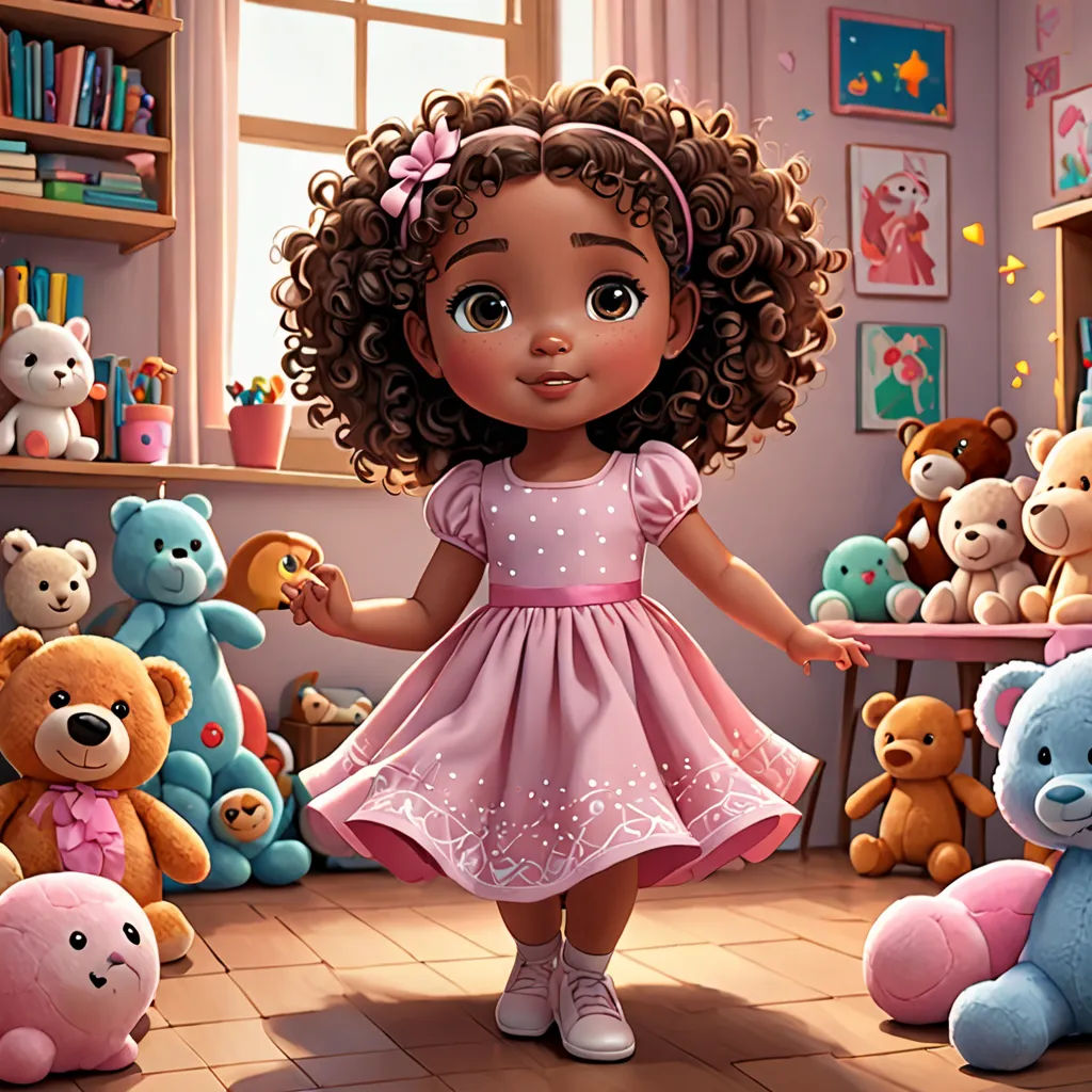 a little girl standing in a room full of stuffed animals and teddy bears, with a pink dress and pink shoes, a digital rendering, cgstudio, photorealism, Chris LaBrooy