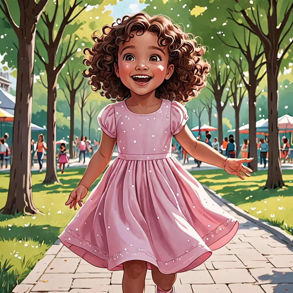 a cartoon girl in a pink dress walking down a sidewalk in a park with trees and people in the background, a storybook illustration, storybook illustration, american scene painting, Chris LaBrooy