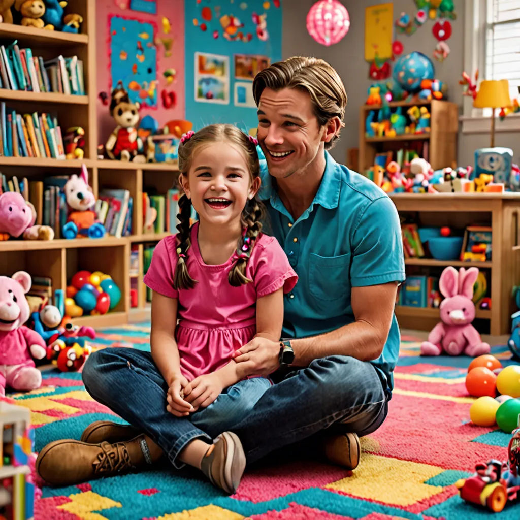 a man and a little girl sitting on the floor in a room full of toys and bookshelves, Christian Hilfgott Brand, dada, a storybook illustration, promotional image