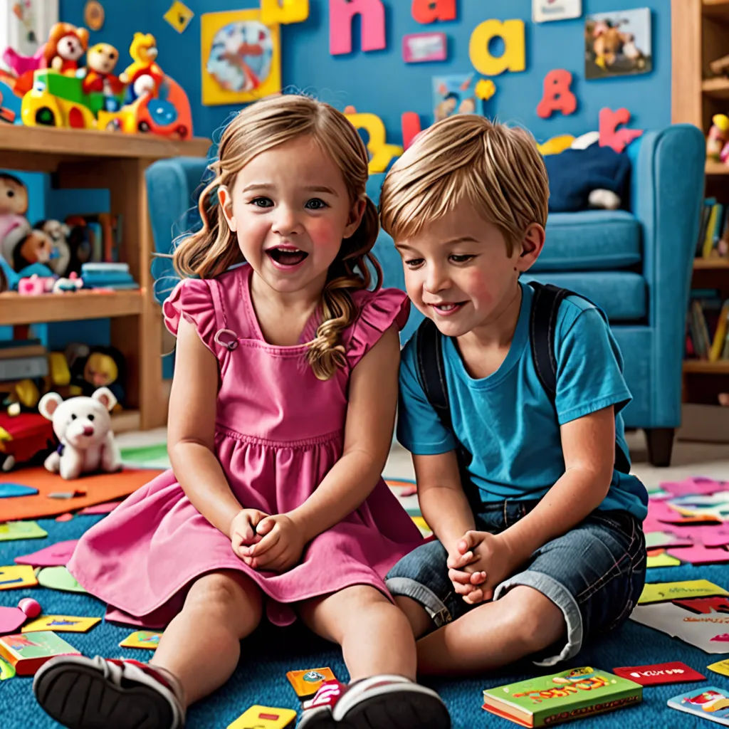two children sitting on the floor in a room with toys and a blue wall with letters on it and a teddy bear, Christian Hilfgott Brand, art & language, a storybook illustration, promotional image