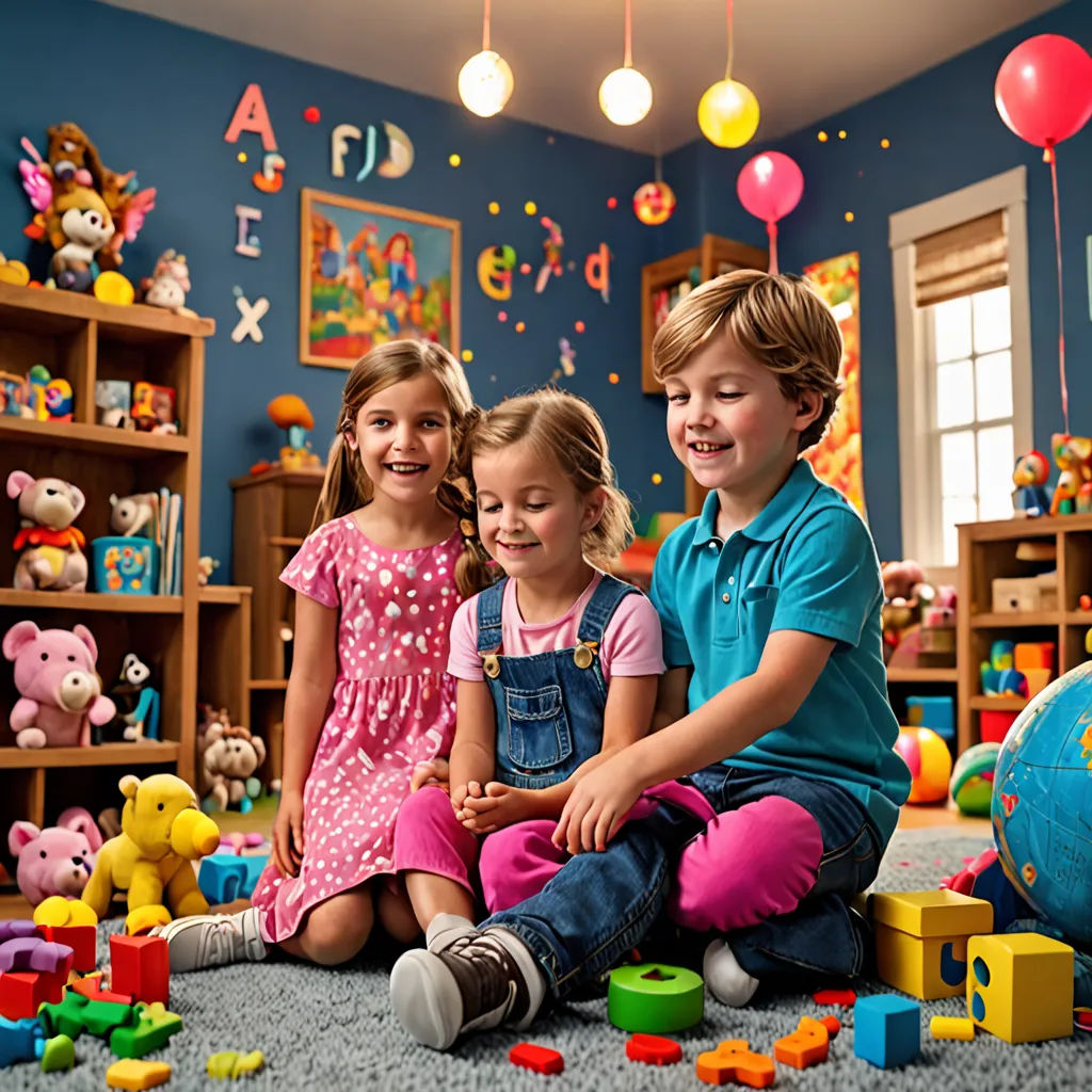 three children sitting on the floor with toys in a room with blue walls and a blue carpeted floor, artist, american scene painting, a storybook illustration, promotional image