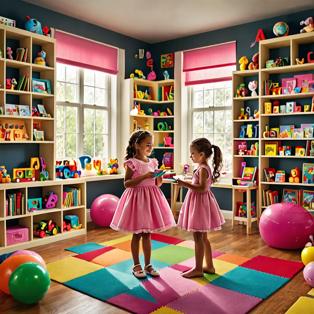 two little girls standing in a playroom with toys on the floor and a colorful rug on the floor, Annabel Kidston, arts and crafts movement, a storybook illustration, behance hd