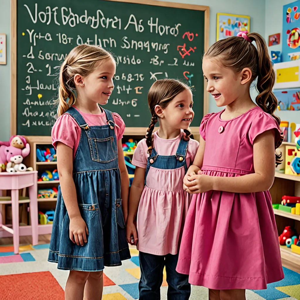three little girls standing in a room with a chalkboard in the background and a teddy bear on the floor, Christian Hilfgott Brand, danube school, a storybook illustration, behance hd