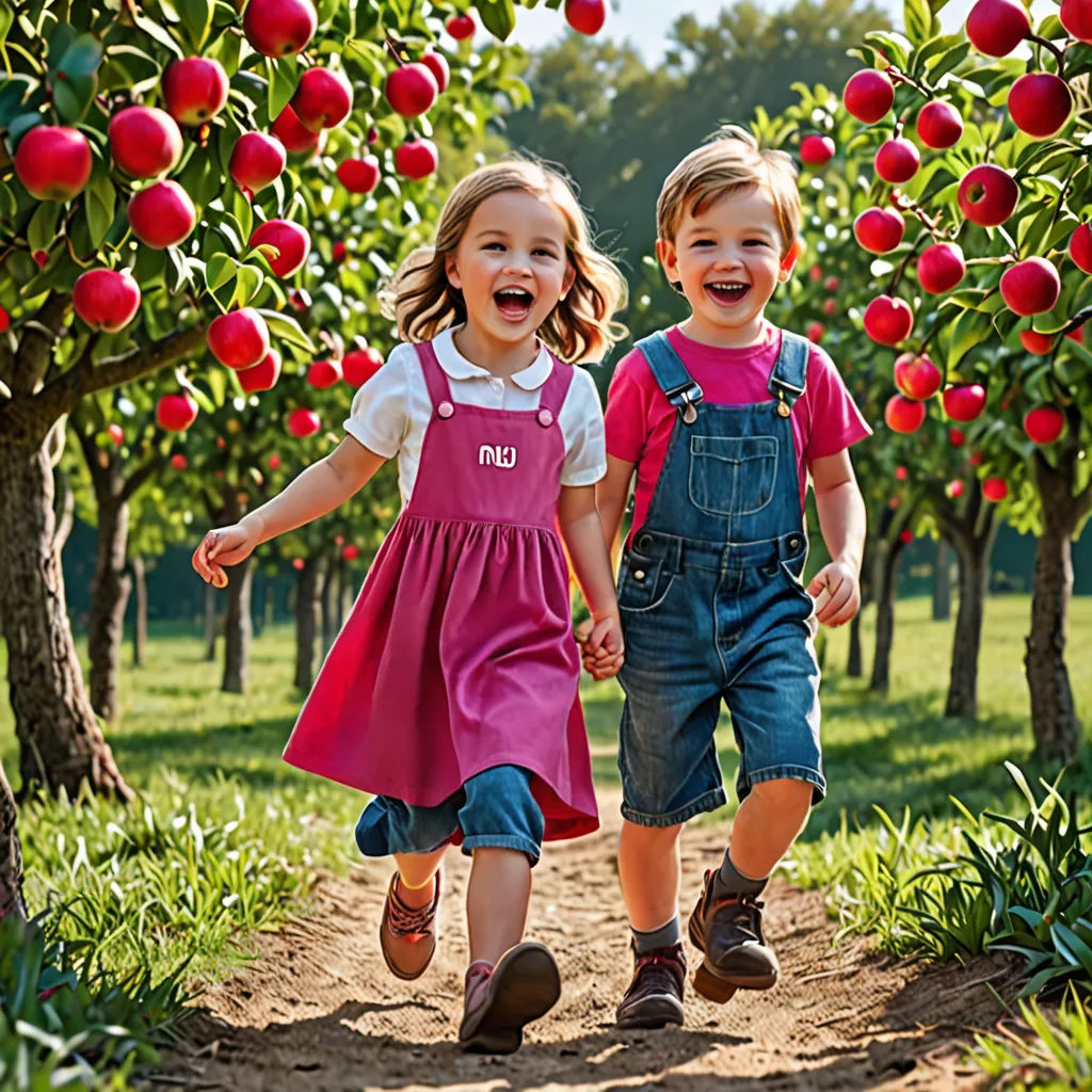 two children running through an apple orchard with apples on the trees in the background and a trail of dirt, Daniel Lieske, danube school, a stock photo, promotional image