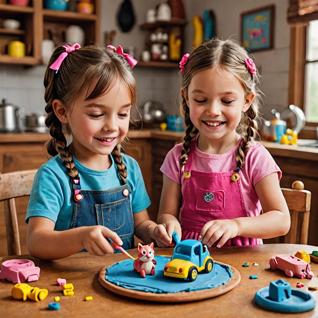 two little girls playing with toys on a table in a kitchen together, one girl is cutting a cake, Annabel Kidston, naive art, chalk art, promotional image
