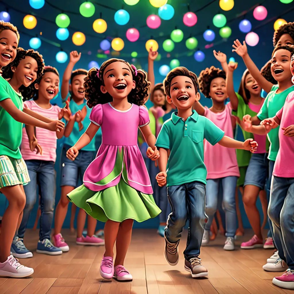 a group of children dancing in a dance studio with balloons in the background and a woman in a pink shirt, Chris LaBrooy, photorealism, poster art, promotional image