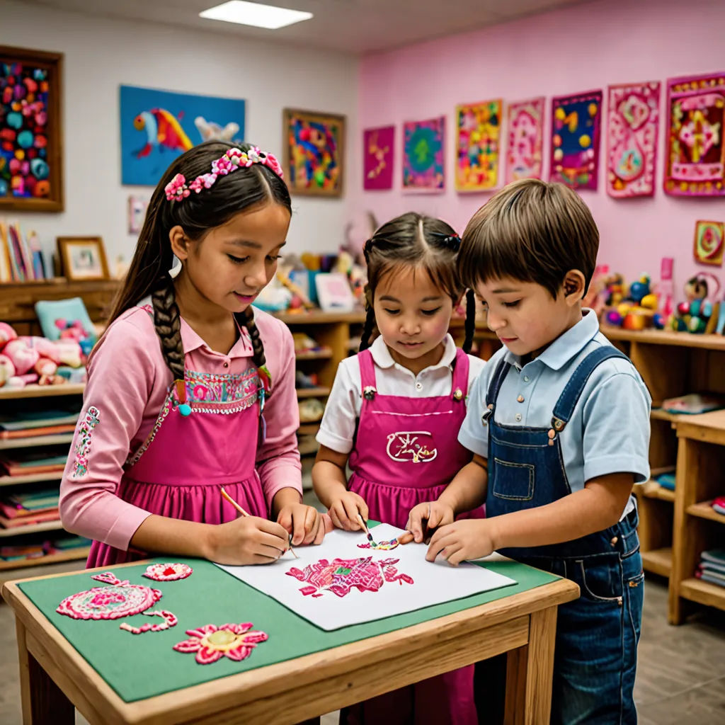 three children are doing crafts in a classroom with pink walls and wooden tables and chairs and a pink wall, Art & Language, naive art, a child's drawing, art station