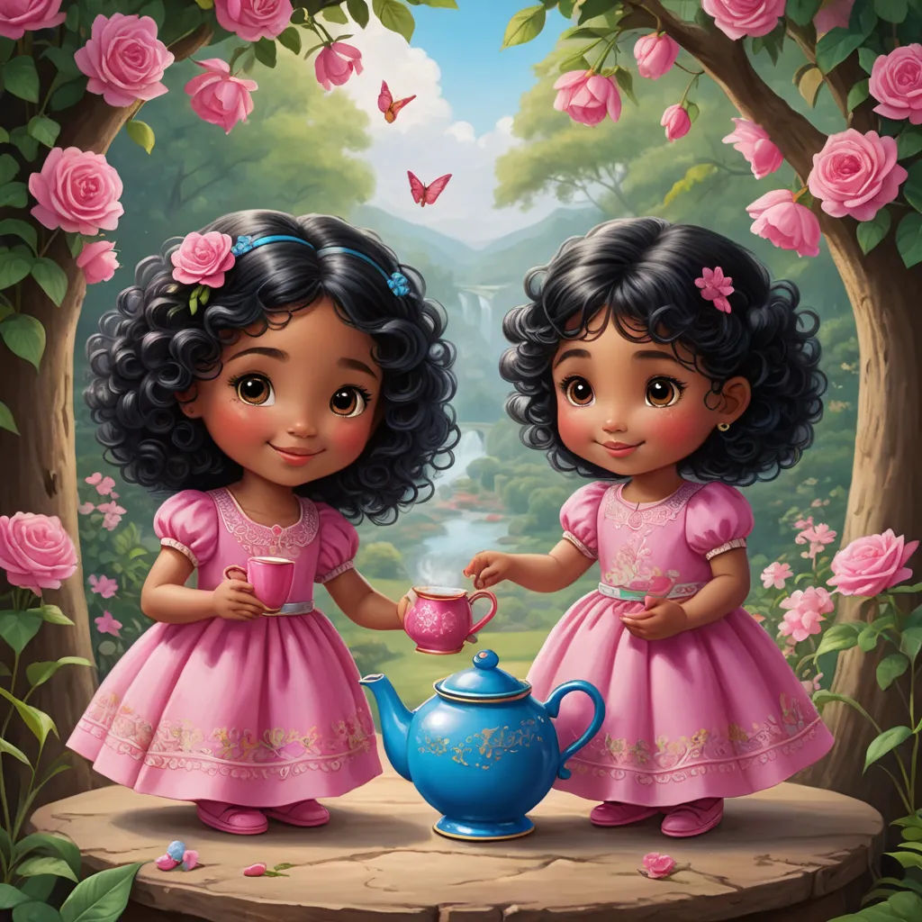 two little girls are standing in front of a teapot and a butterfly in the sky, with pink roses surrounding them, pop surrealism, a storybook illustration, Anne Stokes, highly detailed digital painting