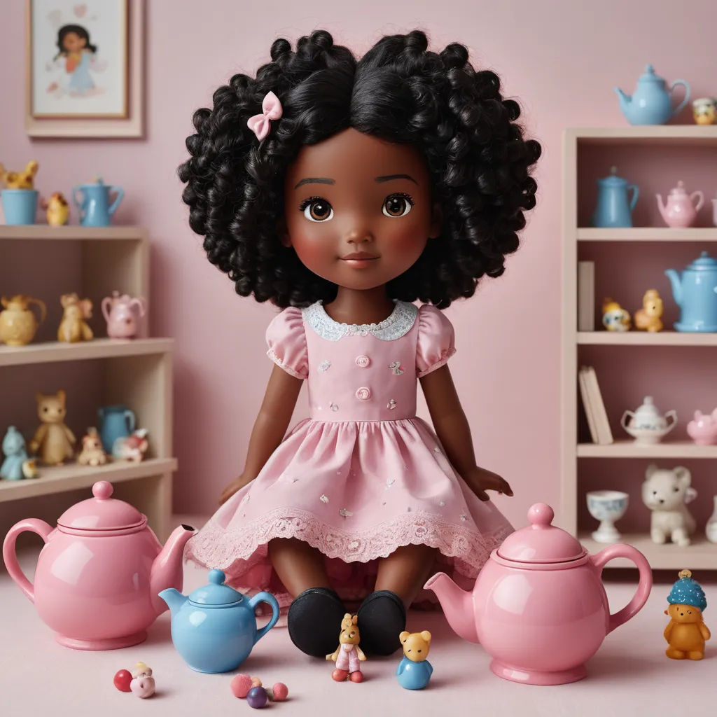 a doll sitting on a table with a tea set and a teddy bear in the background with a pink wall, rococo, a stock photo, Annabel Kidston, promotional image
