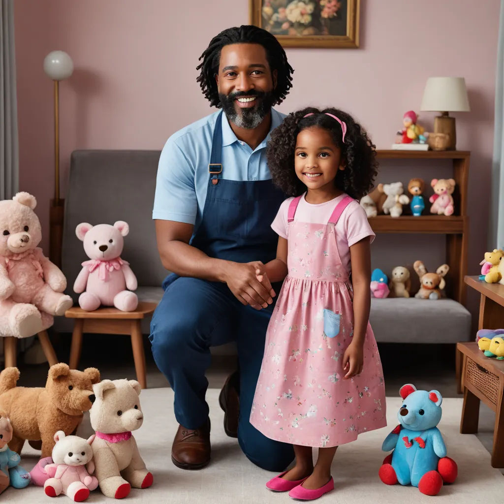 a man and a little girl are posing for a picture with stuffed animals in the background of a room, afrofuturism, a stock photo, Chris LaBrooy, promotional image