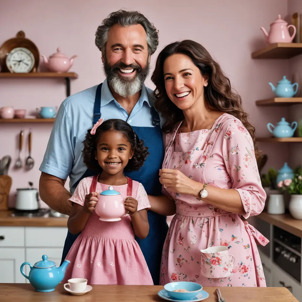 a man and woman standing next to a little girl holding a tea pot and smiling at the camera with a pink wall behind them, kitsch movement, a stock photo, Christian Hilfgott Brand, promotional image