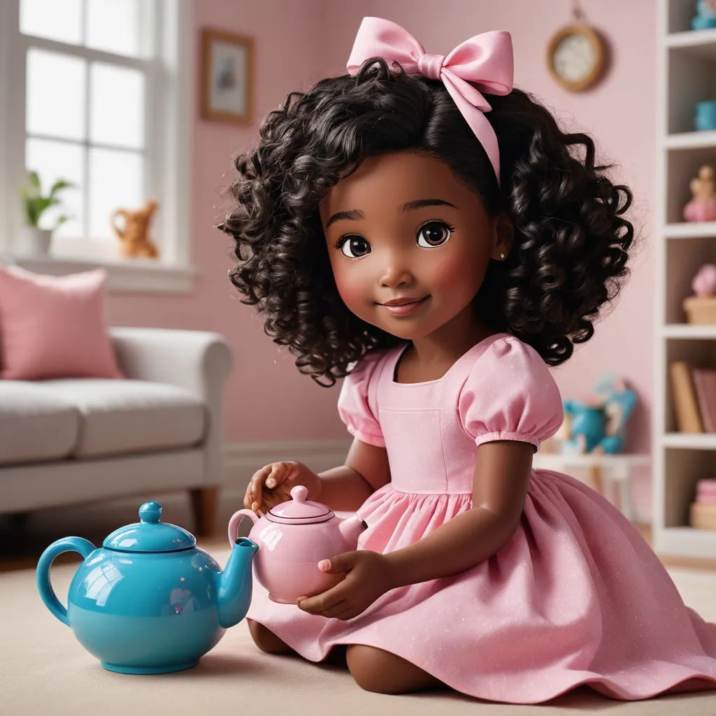 a doll with a pink dress and a teapot on the floor in a pink room with a white couch, photorealism, a stock photo, Chinwe Chukwuogo-Roy, promotional image