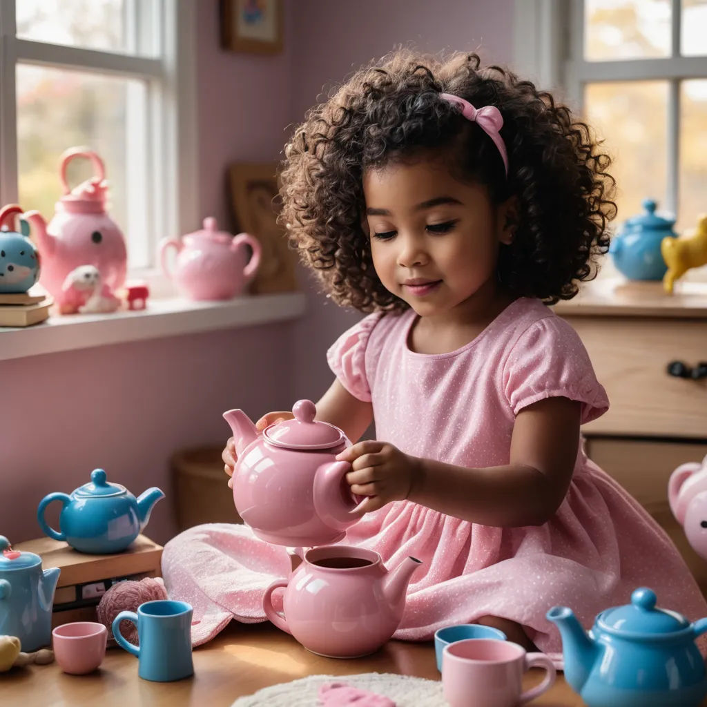 a little girl in a pink dress is pouring tea into a pink teapot and cups on a table, art photography, a stock photo, Annabel Kidston, award - winning photography