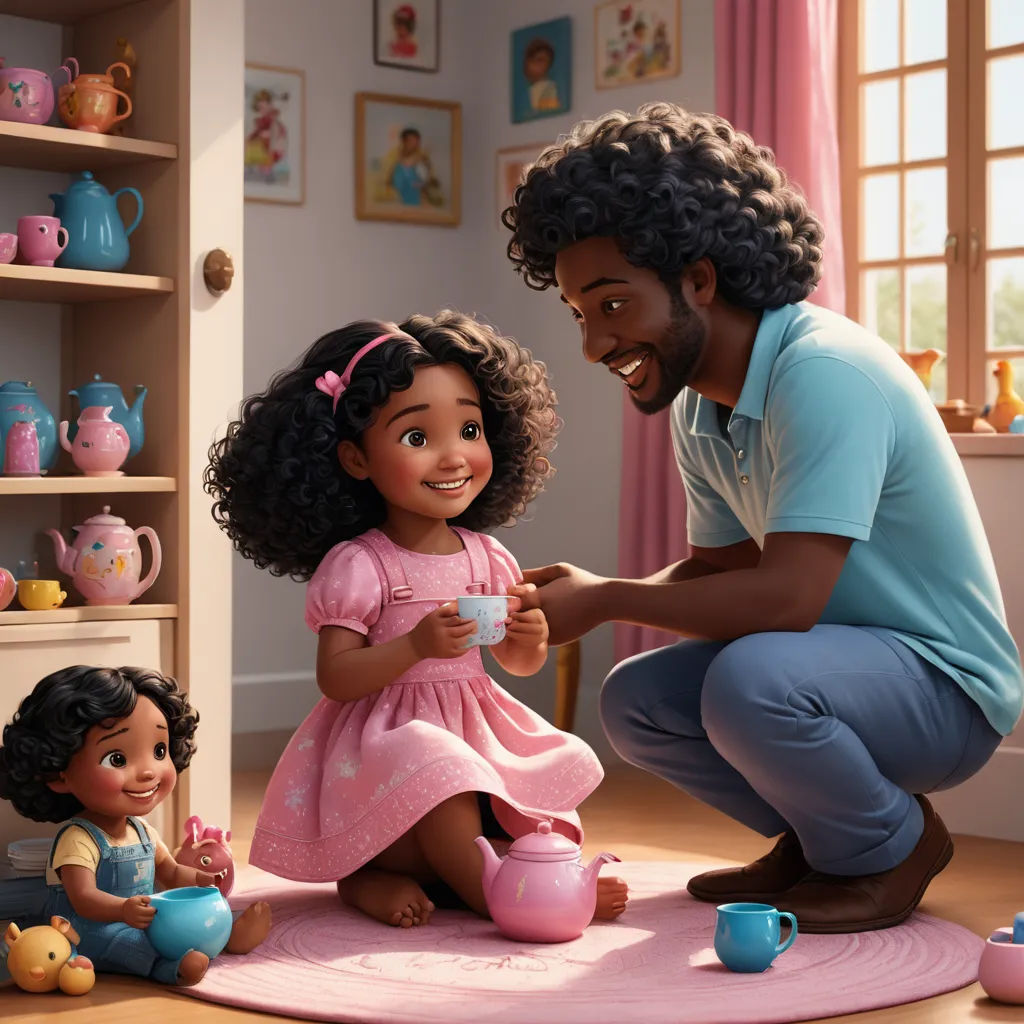 a man kneeling down next to a little girl on a rug with a doll next to her and a doll next to her, photorealism, a stock photo, Chris LaBrooy, promotional image