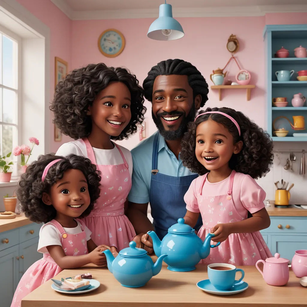 a man and two girls are standing in front of a tea pot and a plate of food on a table, american scene painting, a stock photo, Darrell Riche, promotional image