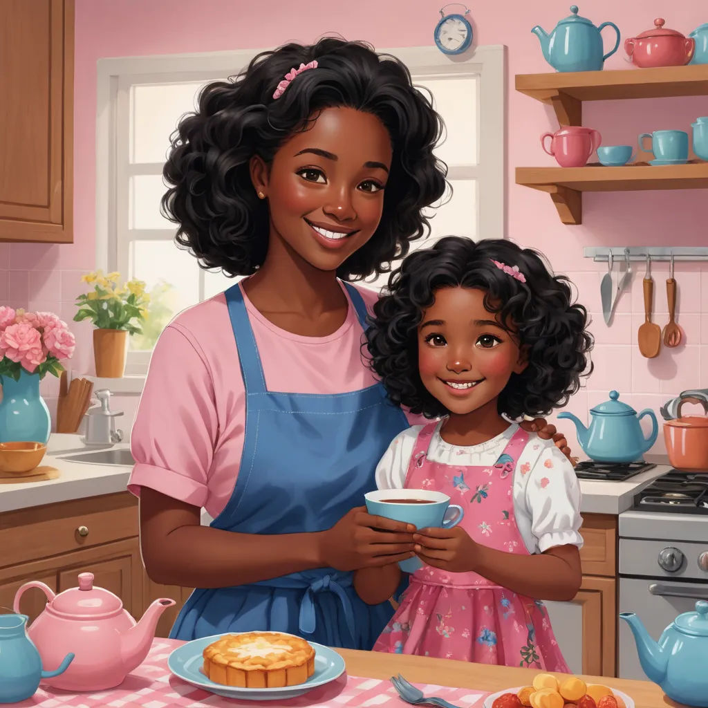 a painting of a mother and daughter in the kitchen together holding a cup of tea and a plate of cake, american scene painting, a storybook illustration, Constance Gordon-Cumming, storybook illustration