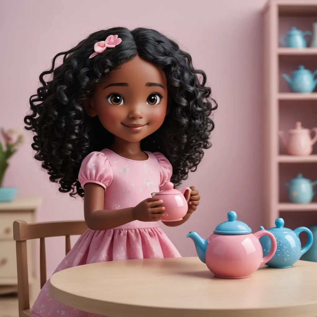 a doll is holding a teapot and a cup on a table in a pink room with a shelf of teapots, photorealism, a stock photo, Alexis Simon Belle, promotional image