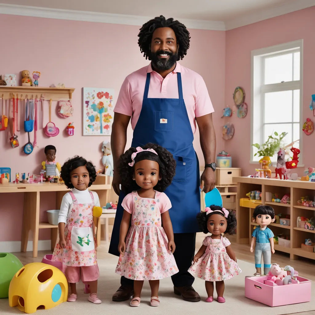 a man standing in a room with a group of dolls and a doll house with a man in a pink shirt, american barbizon school, a stock photo, Darrell Riche, promotional image
