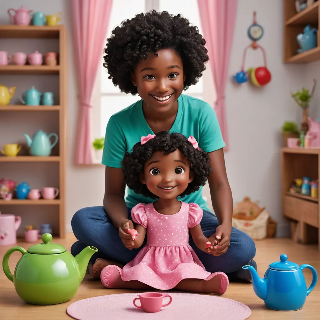 a woman and a child sitting on the floor with toys in the background and a teapot and a tea pot, photorealism, a stock photo, Chinwe Chukwuogo-Roy, promotional image