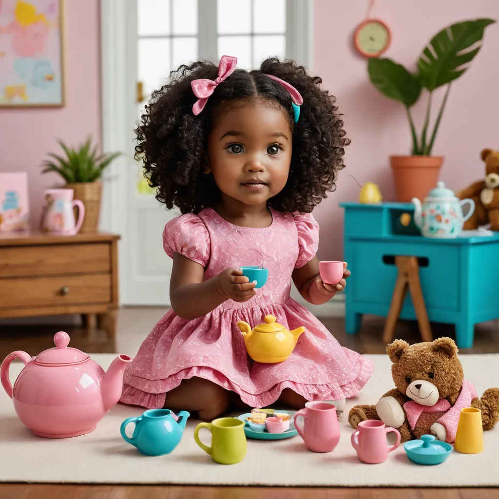 a little girl sitting on the floor with a tea set and teddy bear in front of her and a pink wall, photorealism, a stock photo, Annabel Kidston, cute and adorable