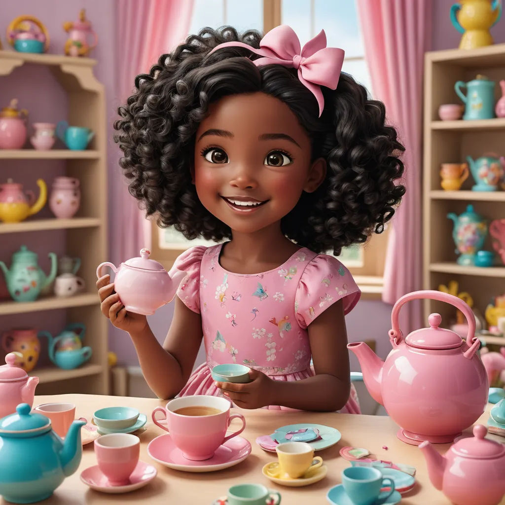 a cartoon girl is holding a tea pot and a cup of tea in a tea party setting with a pink background, photorealism, a stock photo, Chinwe Chukwuogo-Roy, promotional image