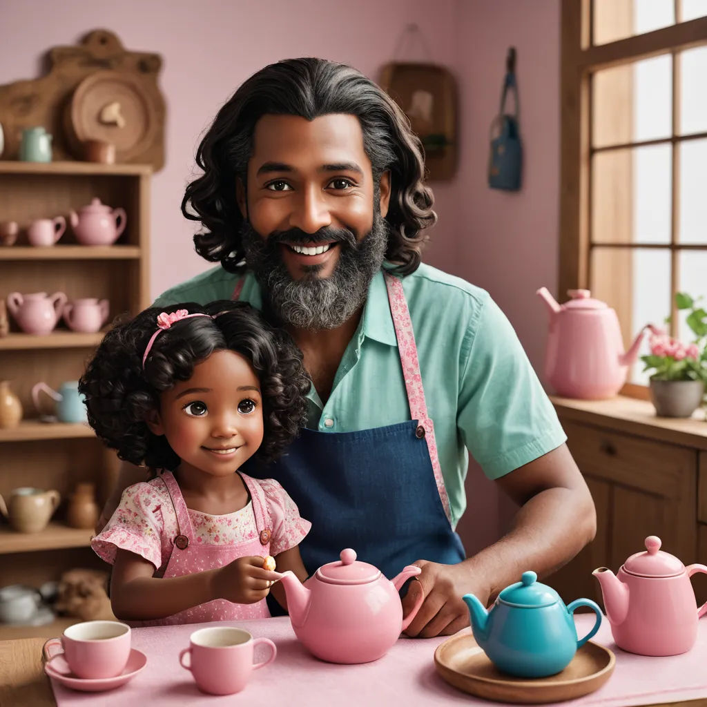 a man and a little girl are sitting at a table with tea pots and cups and a doll in front of them, american scene painting, a stock photo, Darrell Riche, promotional image