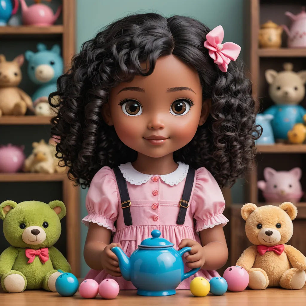 a doll with curly hair and a pink dress is surrounded by teddy bears and a teapot in a toy store, photorealism, a character portrait, Dorothy Coke, promotional image