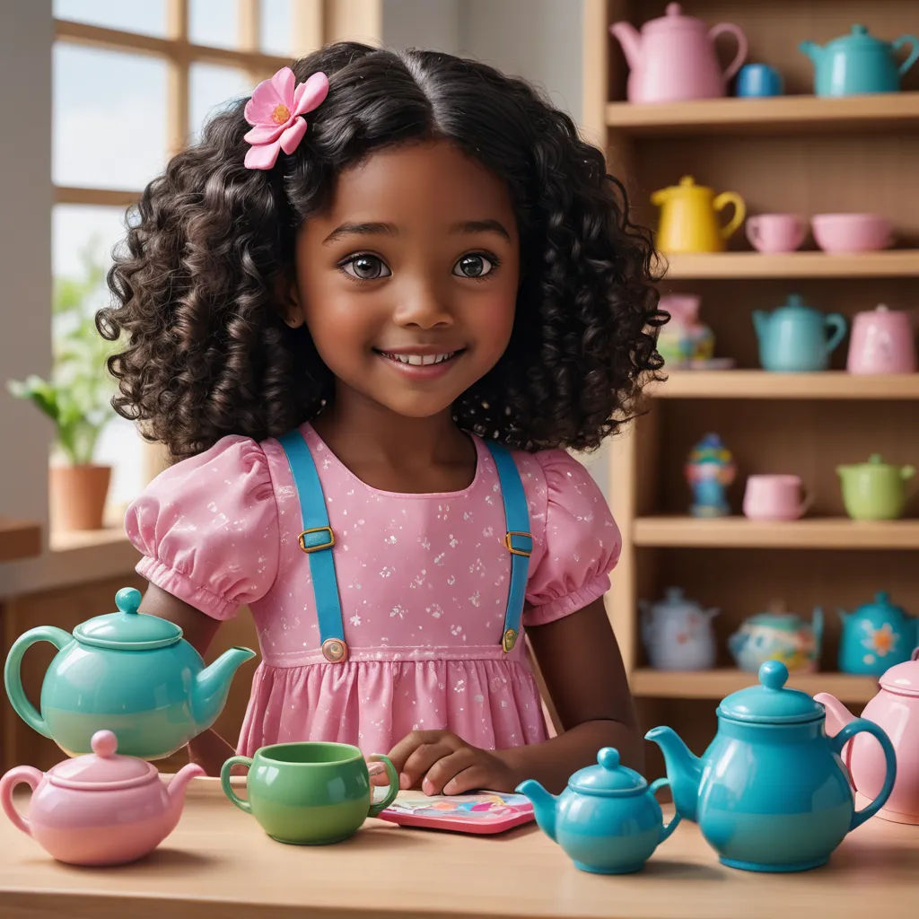a little girl with curly hair and a pink dress is playing with a doll set and tea set on a table, photorealism, a stock photo, Alexis Simon Belle, promotional image