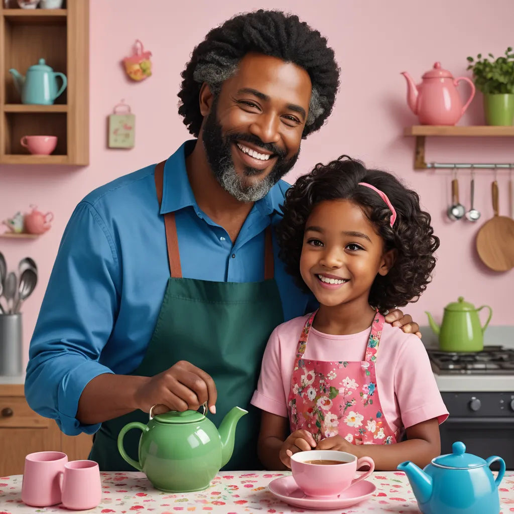 a man and a little girl are having tea together in the kitchen together, smiling at the camera,, dada, a stock photo, Christian Hilfgott Brand, promotional image