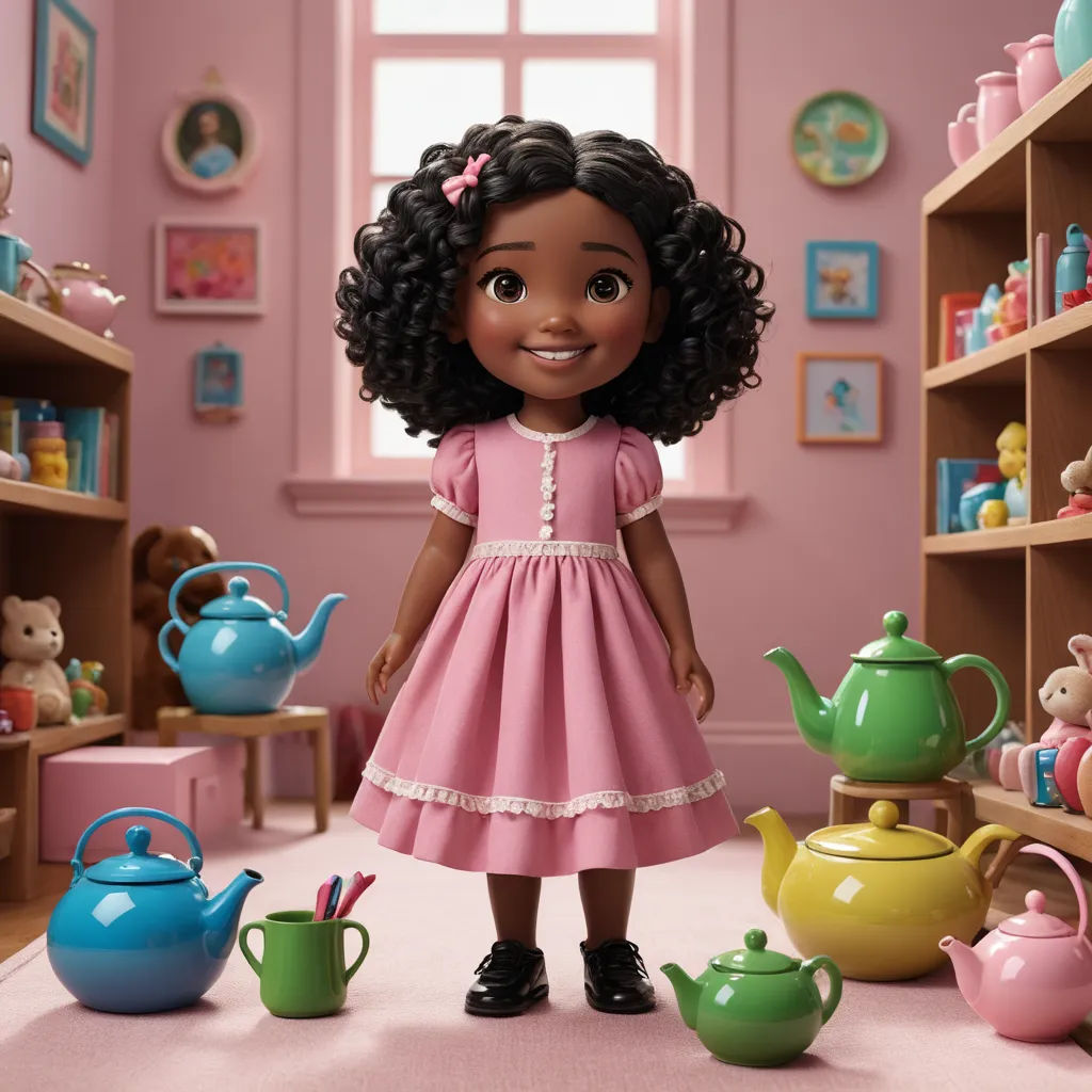 a doll standing in a room with many teapots and toys on the floor and a shelf with teddy bears, photorealism, a storybook illustration, Chinwe Chukwuogo-Roy, promotional image