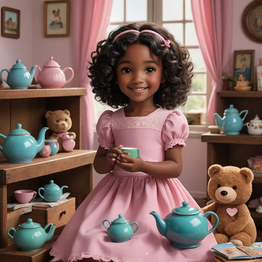 a young girl in a pink dress holding a cup and a teddy bear in a room with pink curtains, photorealism, a storybook illustration, Dorothy Coke, highly detailed digital painting