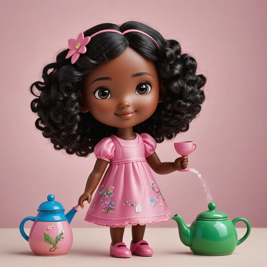 a doll with a pink dress and a teapot and a pink background with a pink flower on it, photorealism, a character portrait, Cicely Hey, promotional image