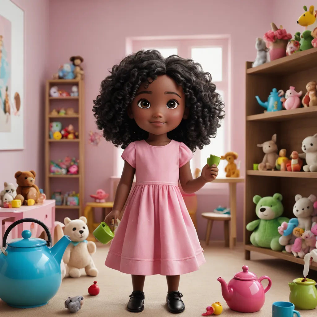 a doll standing in a room with toys and a teapot in it's hand and a teddy bear on the floor, photorealism, a stock photo, disney, promotional image