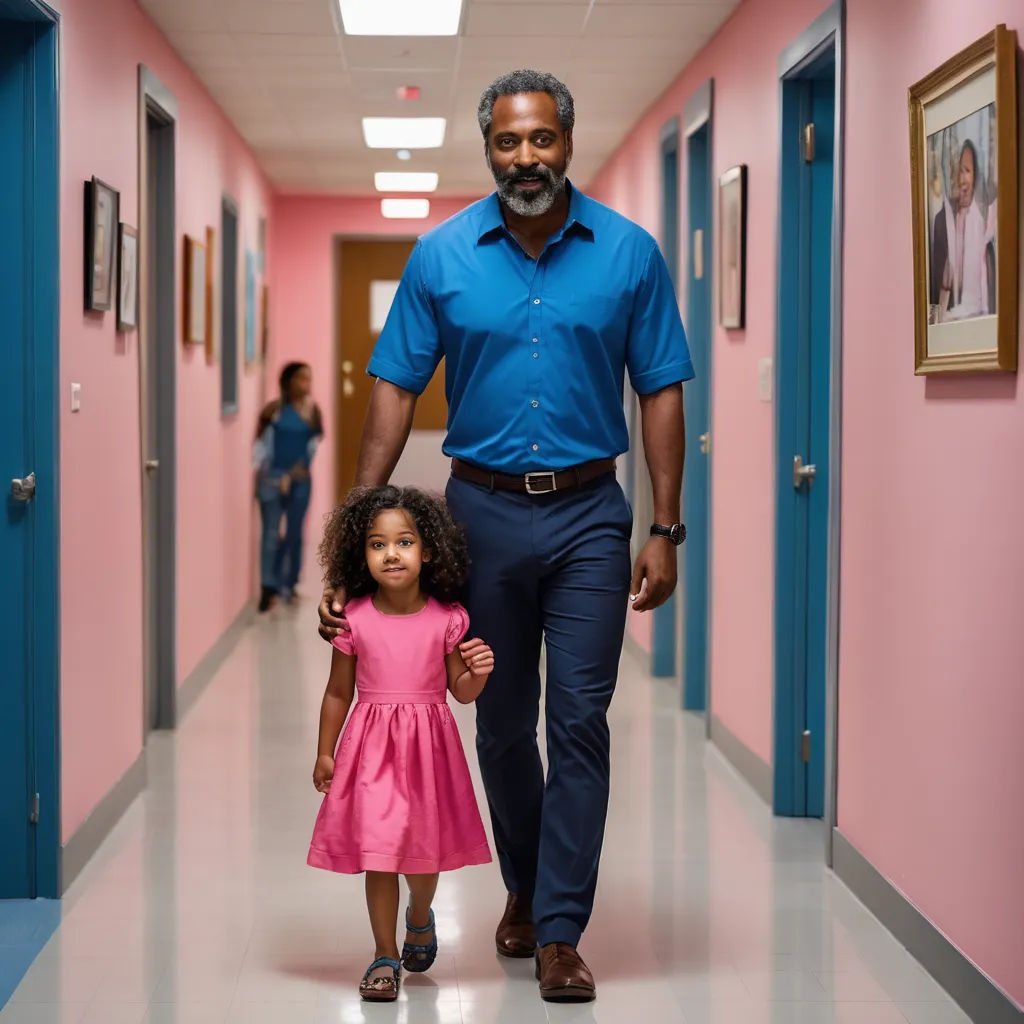 a man and a little girl walking down a hallway together in a hospital hallway with pink walls and blue doors, american barbizon school, a stock photo, Elinor Proby Adams, promotional image