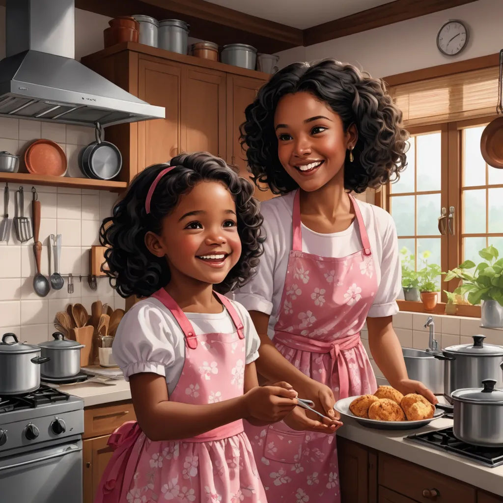 a painting of a mother and daughter cooking together in the kitchen together, with a large pot of food in the background, american scene painting, a storybook illustration, Bob Byerley, highly detailed digital painting