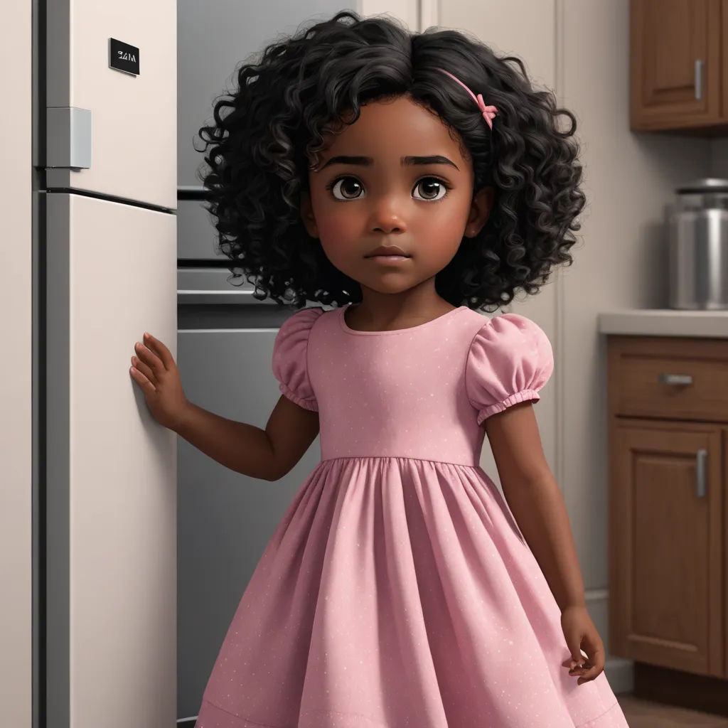 a little girl in a pink dress is standing by a refrigerator in a kitchen with a refrigerator freezer, photorealism, a digital rendering, Alexis Simon Belle, cgstudio